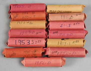 (13) 1950s Lincoln Head Wheat Pennies, Rolled, Unsearched