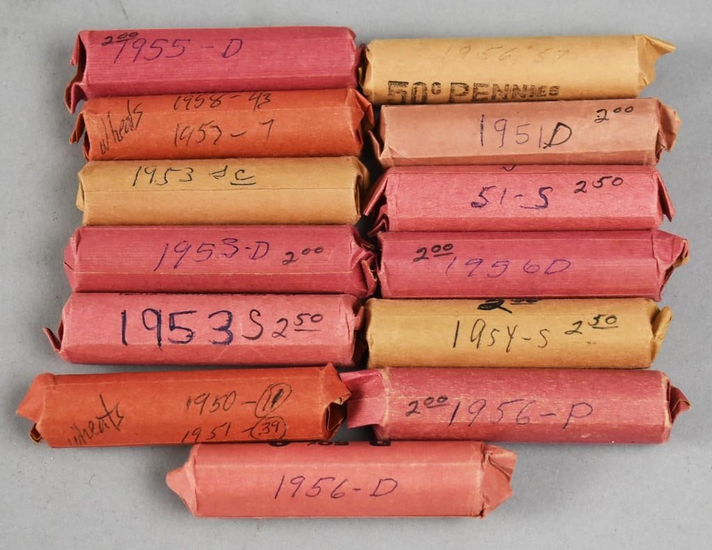 (13) 1950s Lincoln Head Wheat Pennies, Rolled, Unsearched (1 of 4)