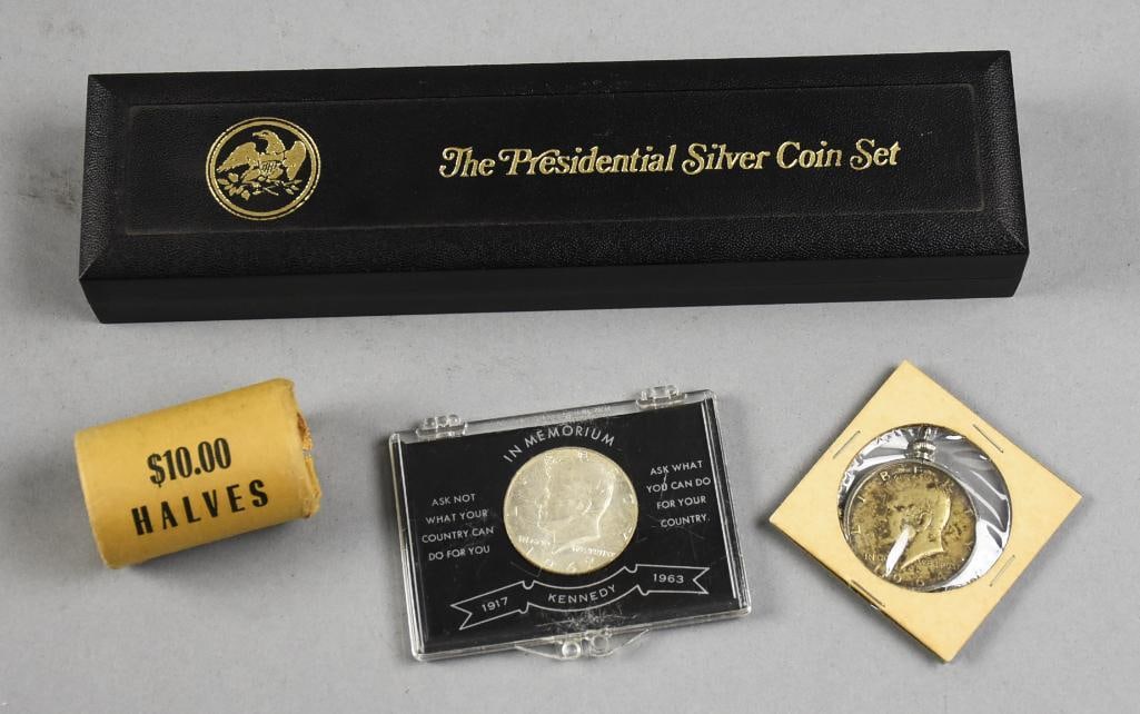 Presidential Silver Coin Sets Plus Kennedy Half Dollars: Nice collection of coins that includes a collectible Presidential Silver Coin set from Kennedy to Lincoln, In Memorium Kennedy half, 1964 SIlver Kennedy half and Kennedy 1976 halfs bank rolled.?
