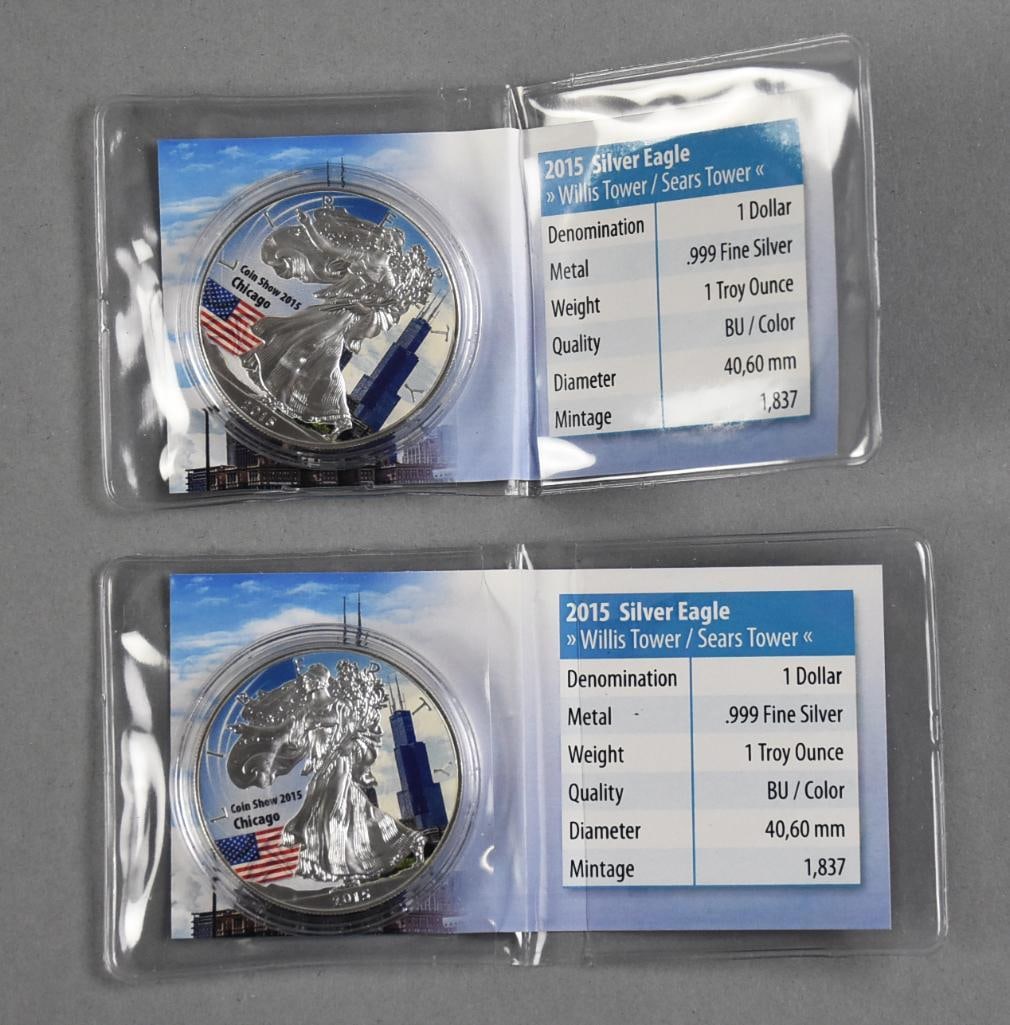 (2) 2015 Silver Eagle $1 Dollar Willis Tower 999 Fine Troy Oz: Great coins from the Chicago Coin Show. Each is a troy ounce of 999 fine silver and are colorized.