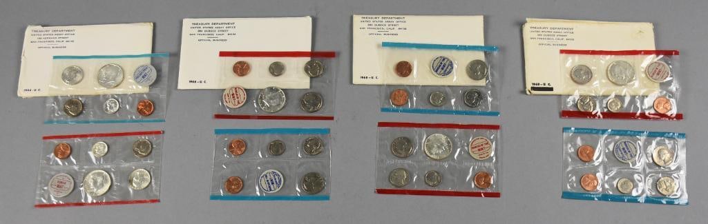 1964, 1968-69 Treasury Office Uncirculated Mint Sets: Very cool uncirculated mint sets from the United States Assay Office. Lot is one 1964, two 1968 and one 1969, each set with 10 coins.? Some silver. Four United States Assay Office uncirculated coin se