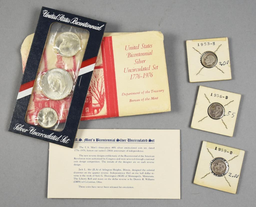 1950s Roosevelt Dimes, Uncirculated Silver Bicentennial Coins: Lot is for a silver US Bicentennial coin set, uncirculated and three Roosevelt dimes, 1953 S and two 1959 D.