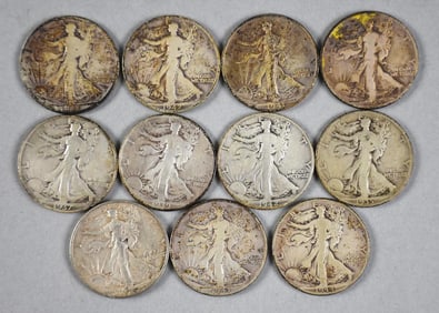 (12) 1930s-1940s Walking Liberty Half Dollars 90%