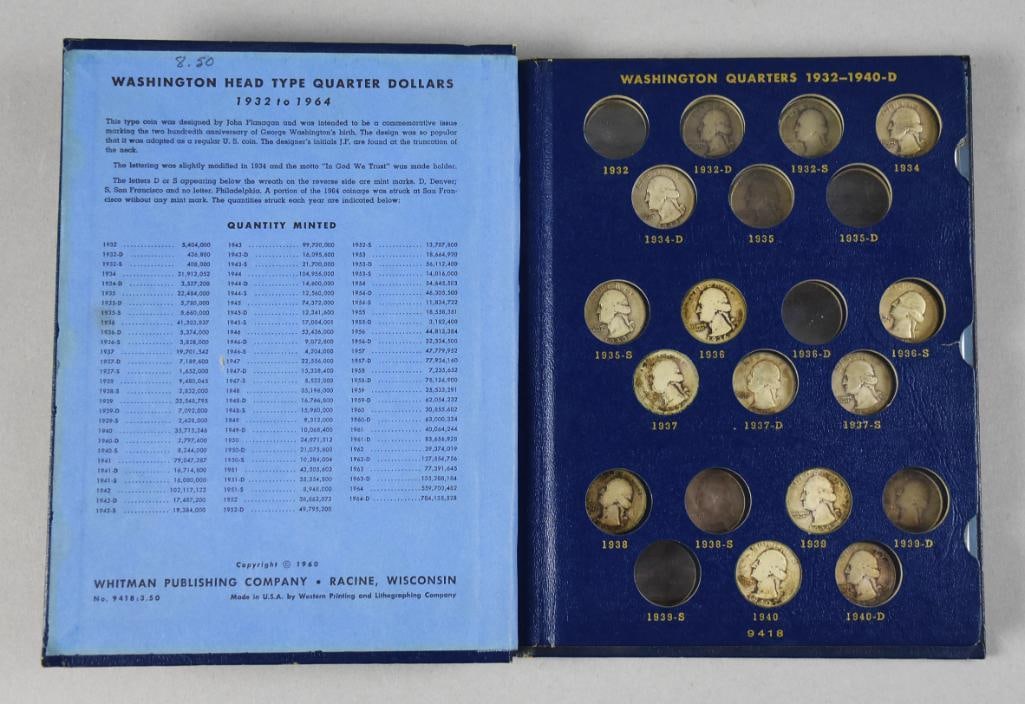 Silver Washington Quarters 1932-1964: Lot is a Whitman Washington Quarters 1932-1964 folder. Silver quarters, folder contains 35 coins