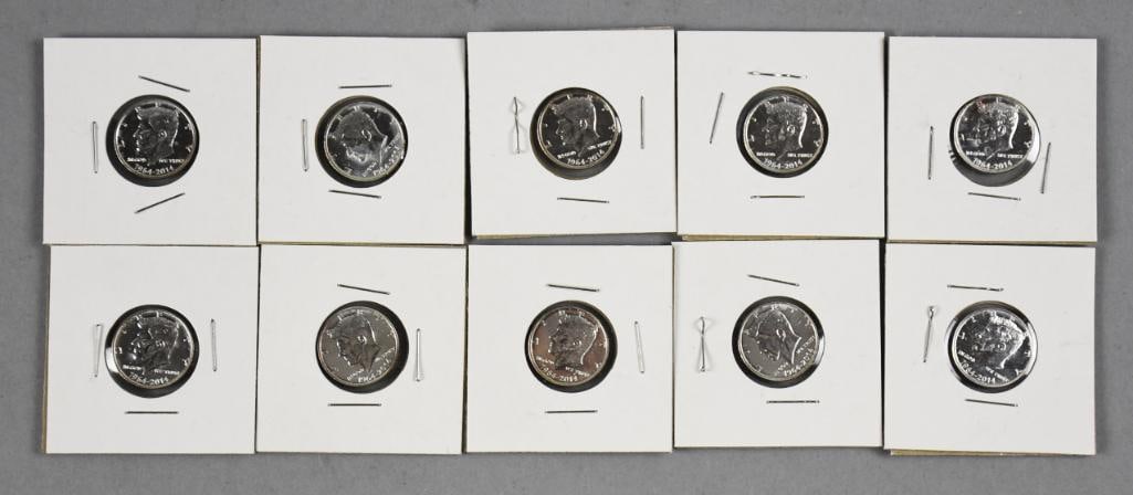(10) 1964-2014 Silver Kennedy Coins 1/10 Troy Oz 999 Fine: Lot is 10 Kennedy coins, replica of the half dollars. Each coin is 1/10 troy ounce 999 fine silver.