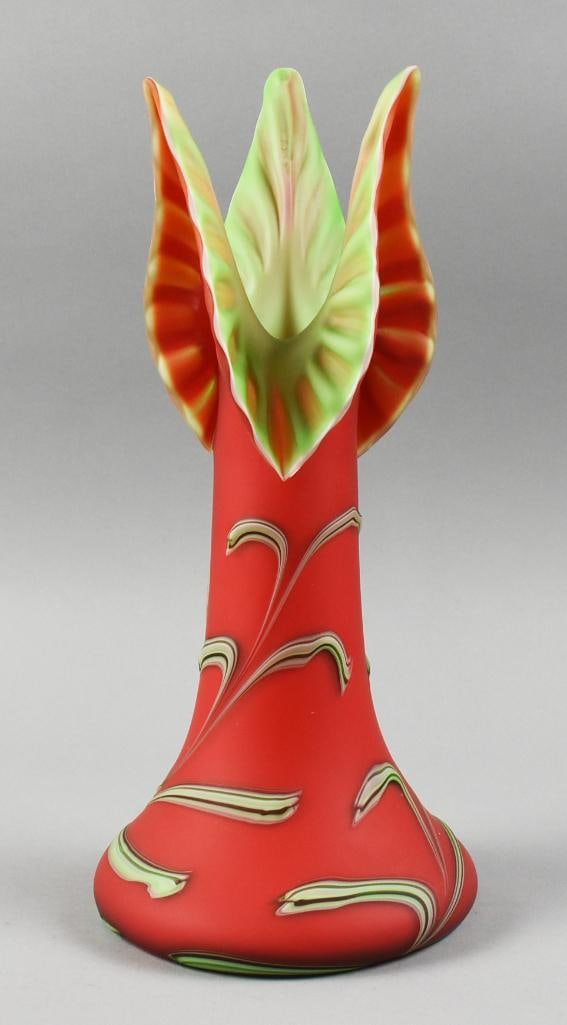 Essie Zareh Baijan Hand Blown Jack in the Pulpit Vase: This stunning vase is from Azarbaijan?(Russia at the time) glass artist, Essie Zareh. This Jack in the Pulpit three point vase is multi layer, primarily coral with green inside and swirls throughout.