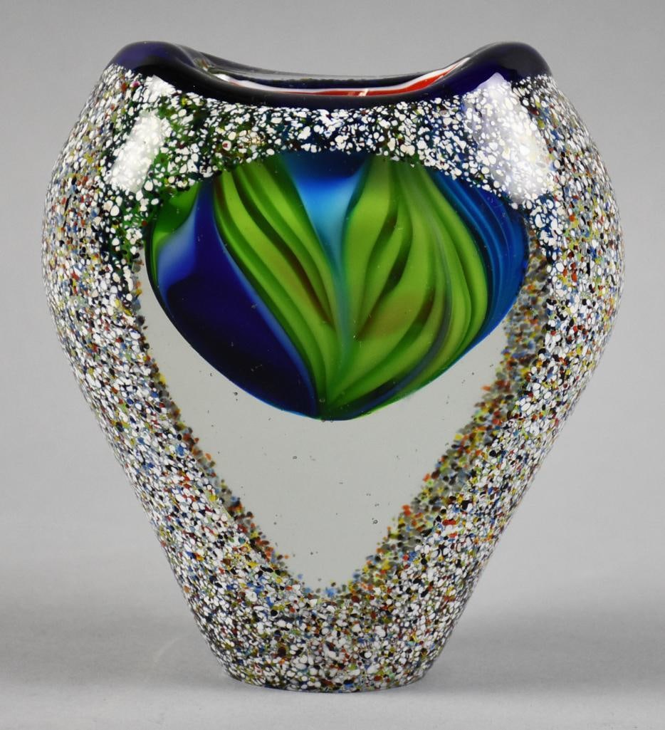 Swedish Kosta Boda J. Pollock Attrib. Art Glass Vase: This stunning vase appears to be Kosta Boda?and attributed to J Pollock, Swedish art glass. Spatter design and cut to show submerged bulb inside. Red glass inside rim. No visible markings, measures ap