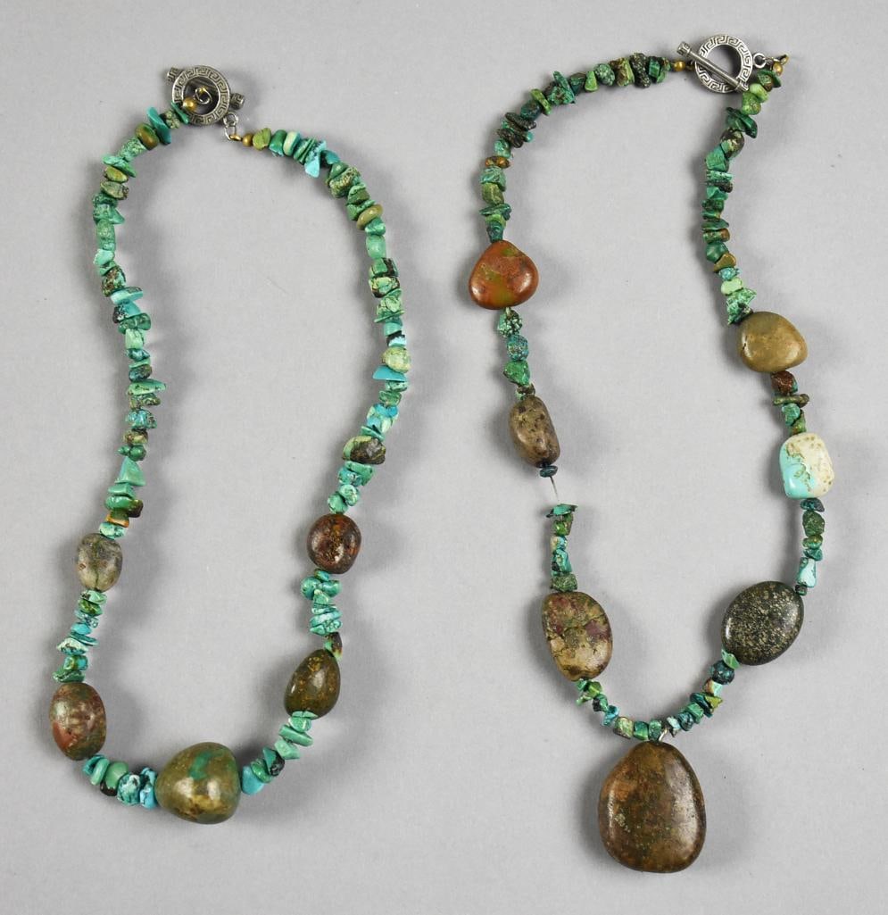 Pair Turquoise Chunk and Chip Necklaces: Beautiful pair of turquoise necklaces with silver toggle clasps. Both have turquoise chips and polished turquoise accent stones. Each is approx. 17" long.