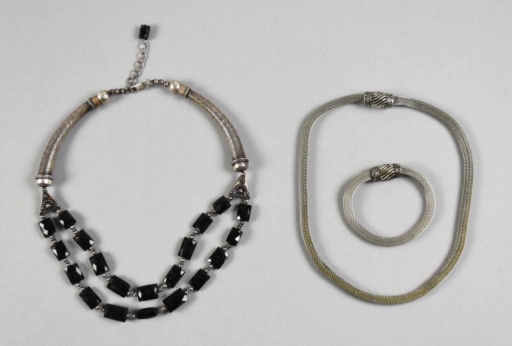 Sterling & Sterling/Onyx Jewelry Assortment: Beautiful jewelry assortment that includes a sterling necklace with rectangular faceted onyx beads and a wheat chain necklace with matching bracelet. Both necklaces are approx. 18" long.