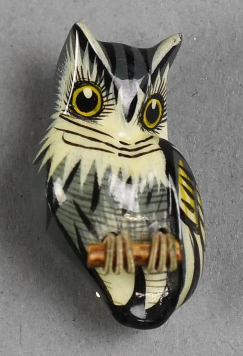 Takahashi Wooden Owl Brooch: This adorable brooch appears to be a Takahashi. Hand painted owl with push locking clasp. Measures approx. 1.5" long.