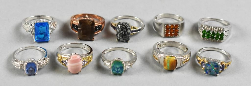 (10) Sterling and Gemstone Rings, Size 10: Great looking collection of sterling and gemstone rings. Each is a size approx 10. Great for gifts, resale or to keep for yourself!
