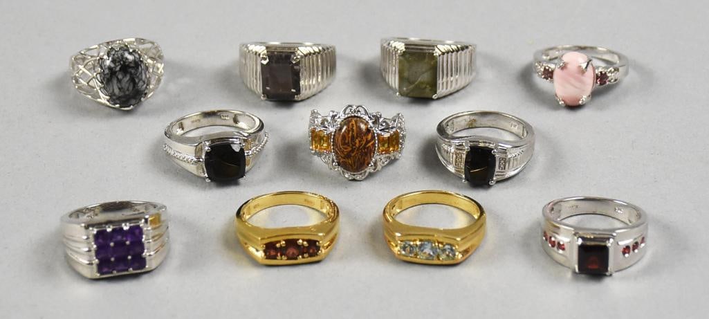 STS Karis Statement Costume Jewelry Rings: These are beautiful costume jewelry statement rings marked STS Karis. There are 11 rings, all gold and silver plate with crystal and/or glass stones. Well marked inside the band.