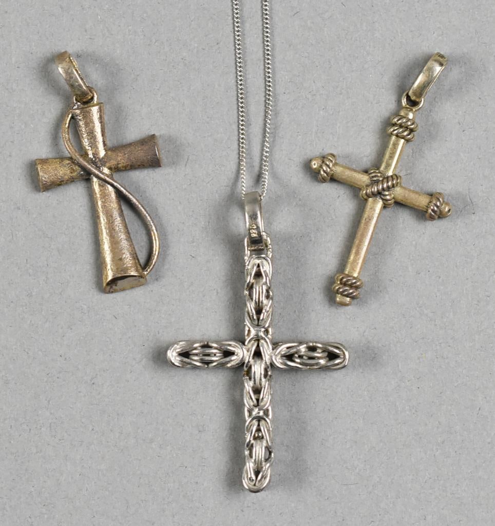(3) Sterling Silver Cross Assortment: Very pretty assortment of sterling crosses. Each is stamped on back 925.