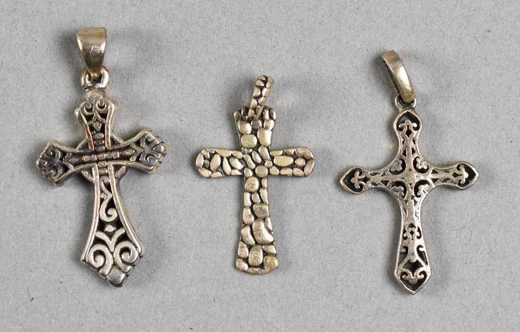 (3) Sterling Silver Cross Assortment: Very pretty assortment of sterling crosses. Each with a different beautiful design and marked on back.