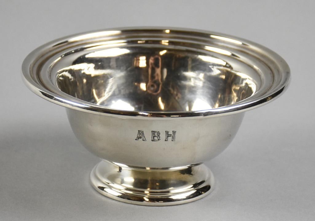 Vintage Alvin Sterling Pedestal Bowl, Hollowware: Great vintage sterling bowl from Alvin Manufacturing Co. Simple pedestal with hollow base. Monogrammed ABH. marked on bottom. Measures approx. 3" x 6", approx. weight of 106 grams.