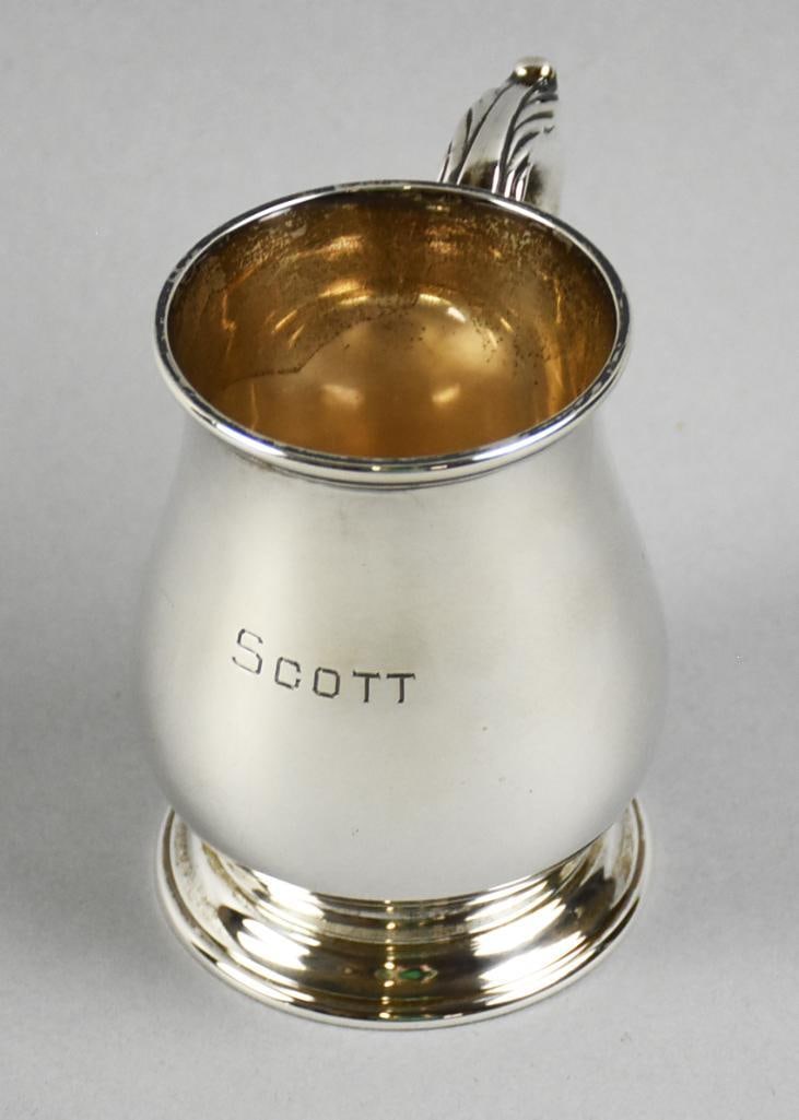 Vintage Black Starr & Gorham P. Revere Sterling Reproduction: Wonderful piece of sterling hollowware from Black Starr & Gorham. This stein style mug with gold wash inside is a 1760 Paul Revere reproduction. Monogrammed SCOTT this piece stands approx. 3.5" tall.