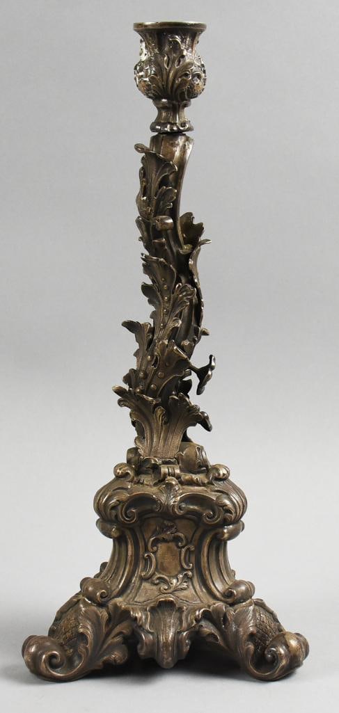 Antique German Gunther 800 Silver Victorian Candlestick: This is a fantastic Victorian candlestick of German origin. Very ornate with acanthus leaves, scrolls and what appear to be pineapples on the scroll and leaf feet. It is stamped Gunther on bottom and