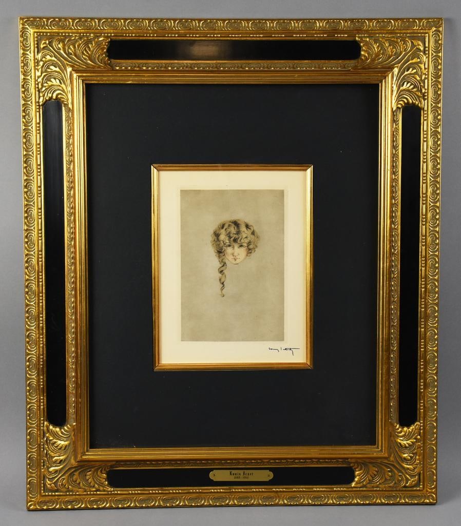 Louis Icart from L' Ingenue Libertine Copperplate Etching: Beautiful copperplate etching on paper, published in 1926. It is called L'Ingenue Libertine and was a limited run of 551 pieces. She is a young woman with a tendril curl down the left side of her