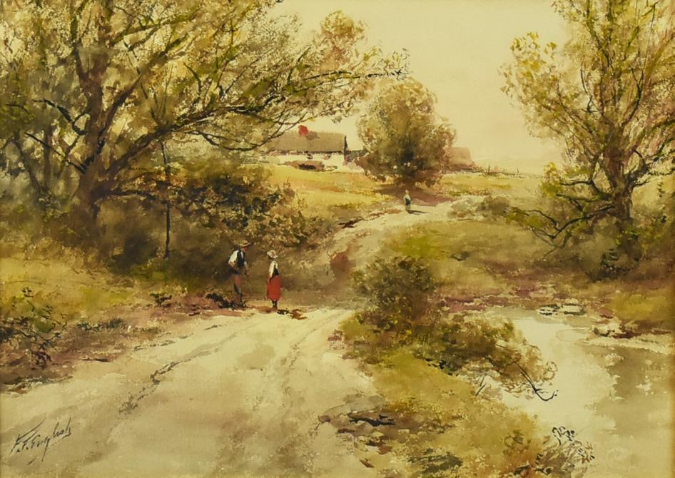 Frank F. English (1854-1922) c1900 The Creek Road Watercolor: This is a stunning watercolor painting from American artist Frank F. English (1854-1922). It is called The Creek Road, identified on back. It is a man and woman on a dirt road next to a creek with a