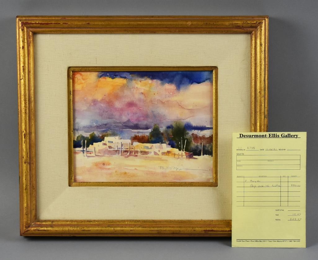 Phyllis Meyer (1931-2005) Sky Over the Pueblo Mixed Media: This wonderful painting is from American artist Phyllis Meyer (1931-2005). She worked in Colorado and Arizona and as in the title Sky Over the Pueblo, the image is beautiful pastel colors over a