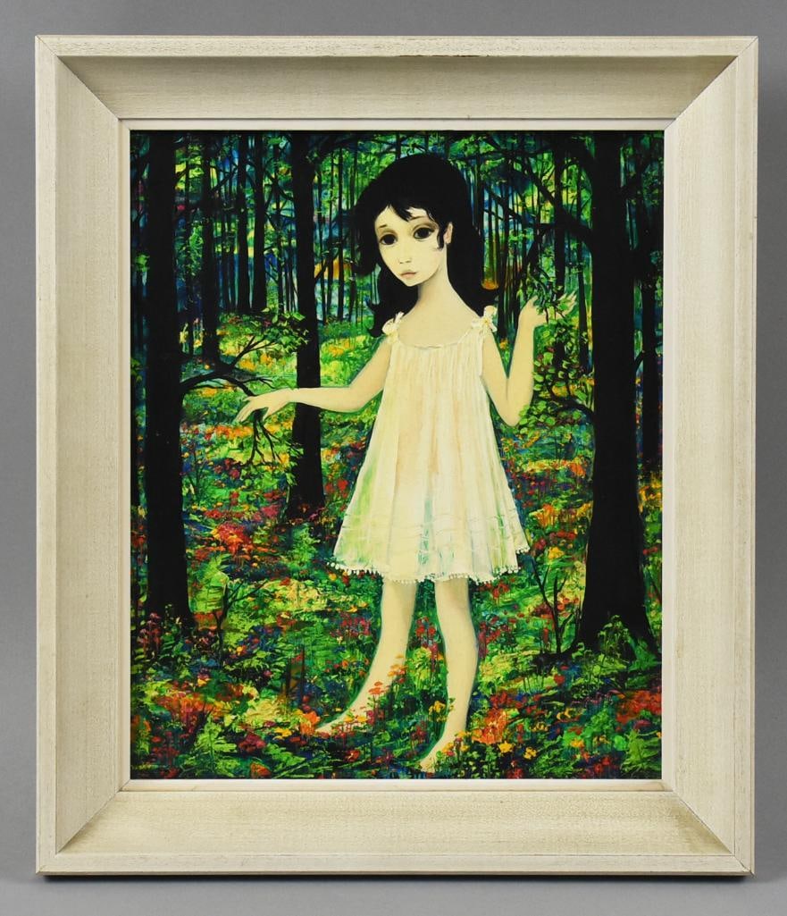 Pati Bannister (1929-2013) Girl in the Woods Oil Painting: This is a darling painting by London born artist in America, Pati Bannister (1929-2013). She can be called Girl in the Woods and is oil on board. Painting depicts a black haired girl in colorful