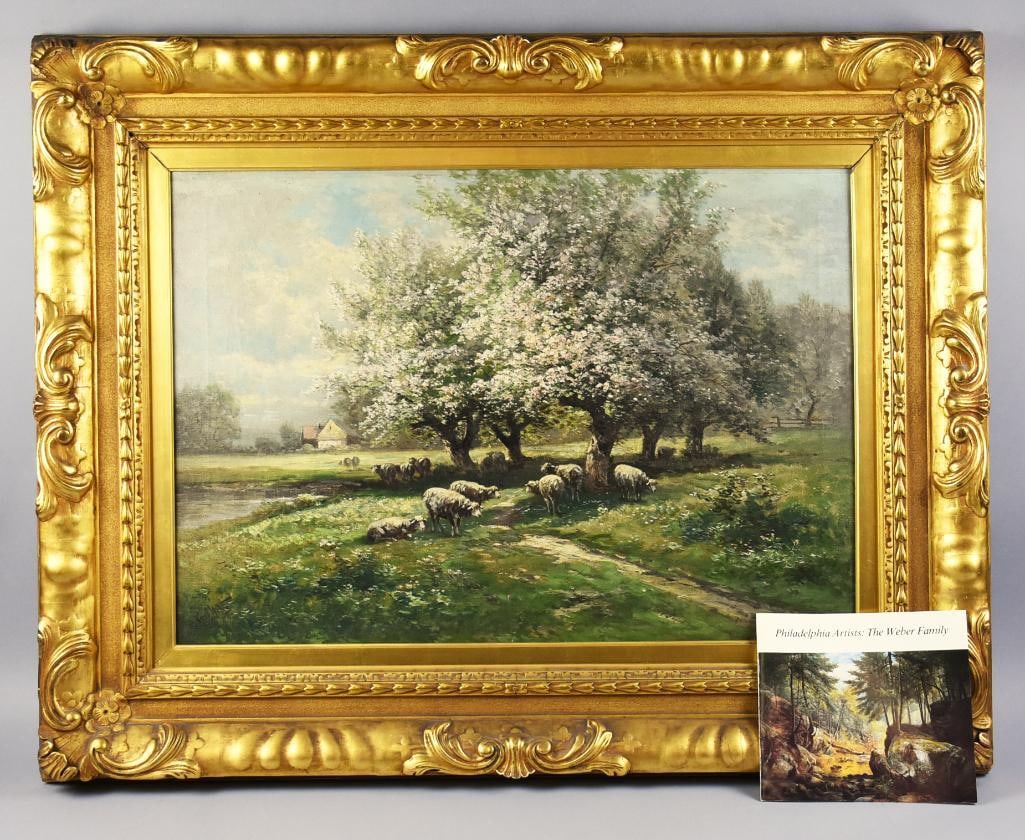 Carl Weber (1850-1921) Pastoral Landscape Oil on Canvas: Gorgeous oil on canvas from American artist Carl Weber (1850-1921). It is a pastoral landscape with grazing sheep near trees and a water way and a house in the background. Signed in lower left corner.