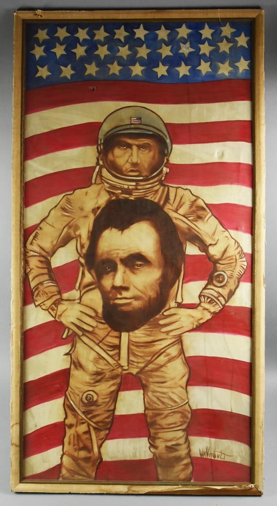 Original Oil on Canvas, William Verdult, Spaceman: Original oil on canvas of a spaceman with Abe Lincoln in the center of the astronaut's stomach. Signed Wm Verdult in the lower left (1939 - ). Has hole small in the canvas and needs a good cleaning/re