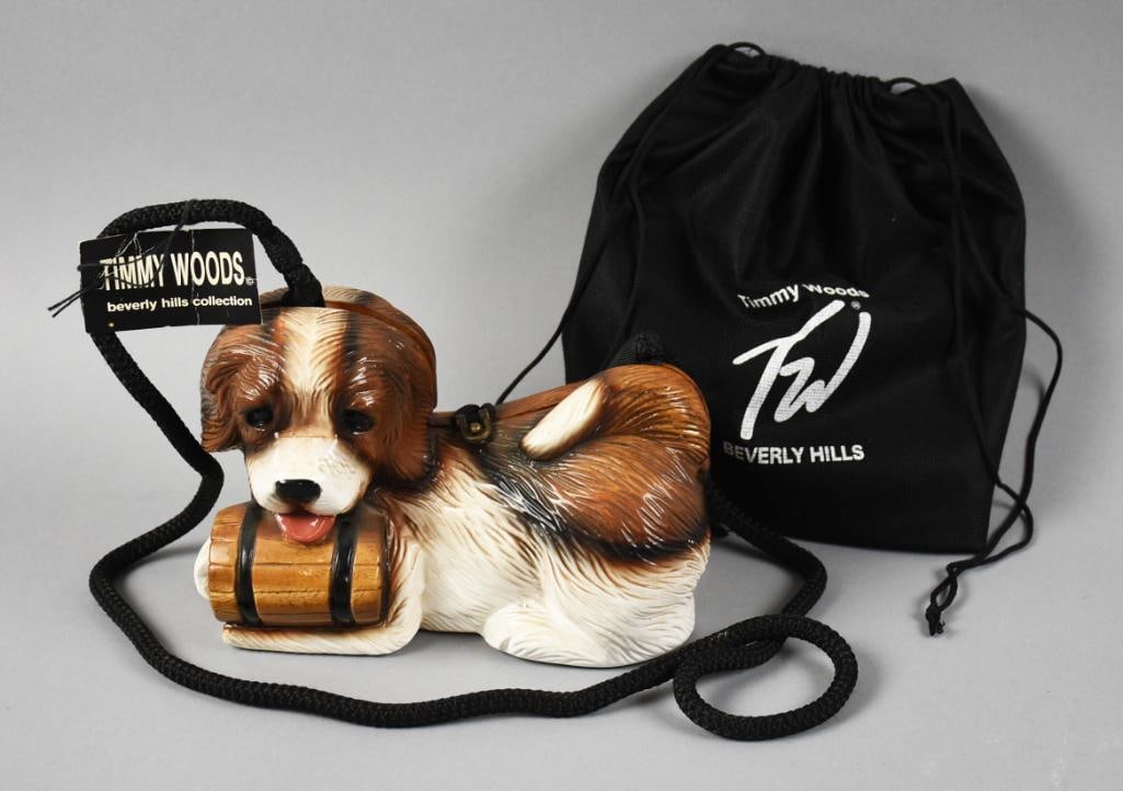 Timmy Woods St. Bernard Purse, Original Dust Bag: Precious crossbody purse from Timmy Woods of Beverly Hills. Purse is acacia wood in the form of a St. Bernard with barrel around his neck. Retains the original label inside, original satin lining and