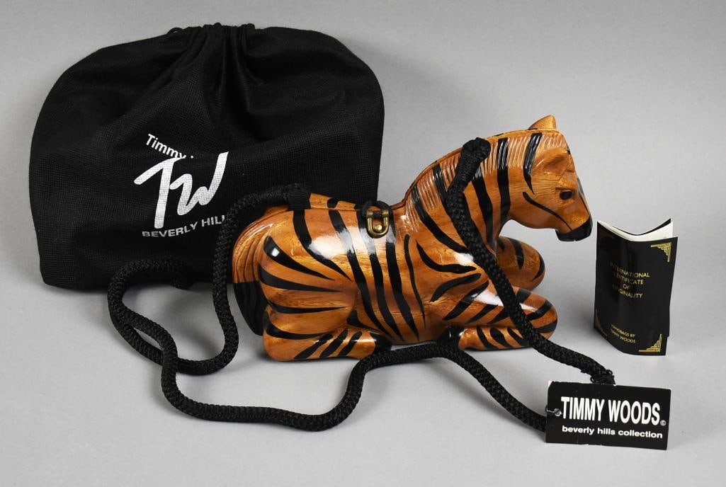 Timmy Woods Zebra Purse, Original Dust Bag: Wonderful zebra purse from Timmy Woods of Beverly Hills. It is carved acacia wood with painted stripes and rope style strap. Original label inside on original satin lining. Comes with the original