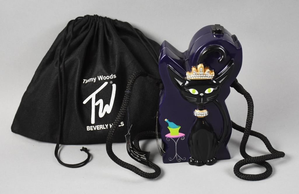 SCARCE Timmy Woods Paris Cat Purse, Original Dust Bag: Precious purse from Timmy Woods of Beverly Hills. He calls it Paris Cat, black cat with jeweled tiara and collar. Carved from acacia wood, cat sits next to a little table with a bottle in an ice bucke