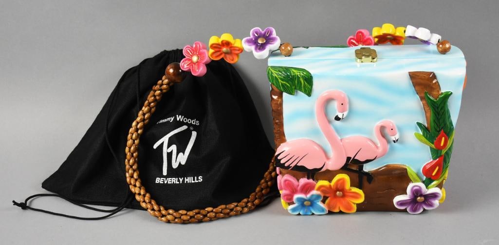 Timmy Woods Miami Flamingo Purse, Original Dust Bag: This original work of art is from Timmy Woods of Beverly Hills. It is called Miami Flamingo, crafted using acacia wood and hand painted. Bright flowers and palm trees. Strap is wooden beads with brigh