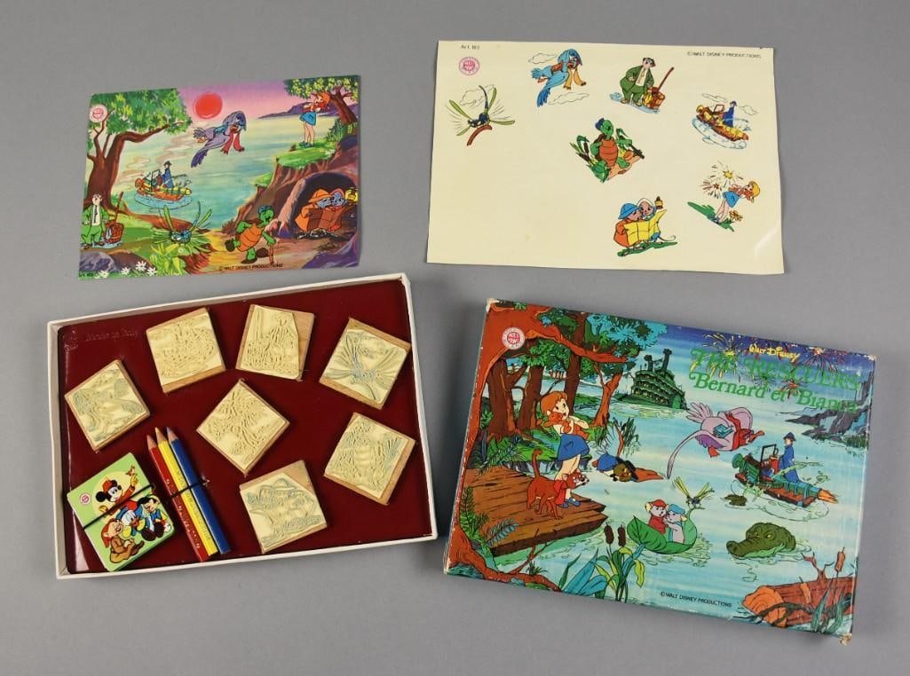 1977 Italian Disney's The Rescuers Rubber Stamp Kit: This is a great rubber stamp kit from Walt Disney's The Rescuers. It was made in Italy by Multi Print, Milano in 1977 and is quite rare. Comes in the original box with seven different stamps, ink pad
