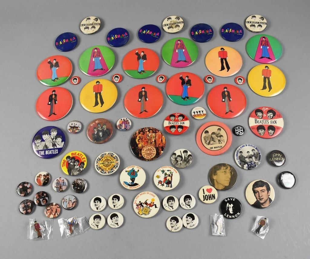 HUGE Vintage Beatles Pinback Assortment: This is an awesome collection of vintage Beatles pinbacks. There is a great variety that includes Beatlemania, Sgt. Pepper, Be a Beatle Booster, Save John Lennon, individual head shots with facsimile