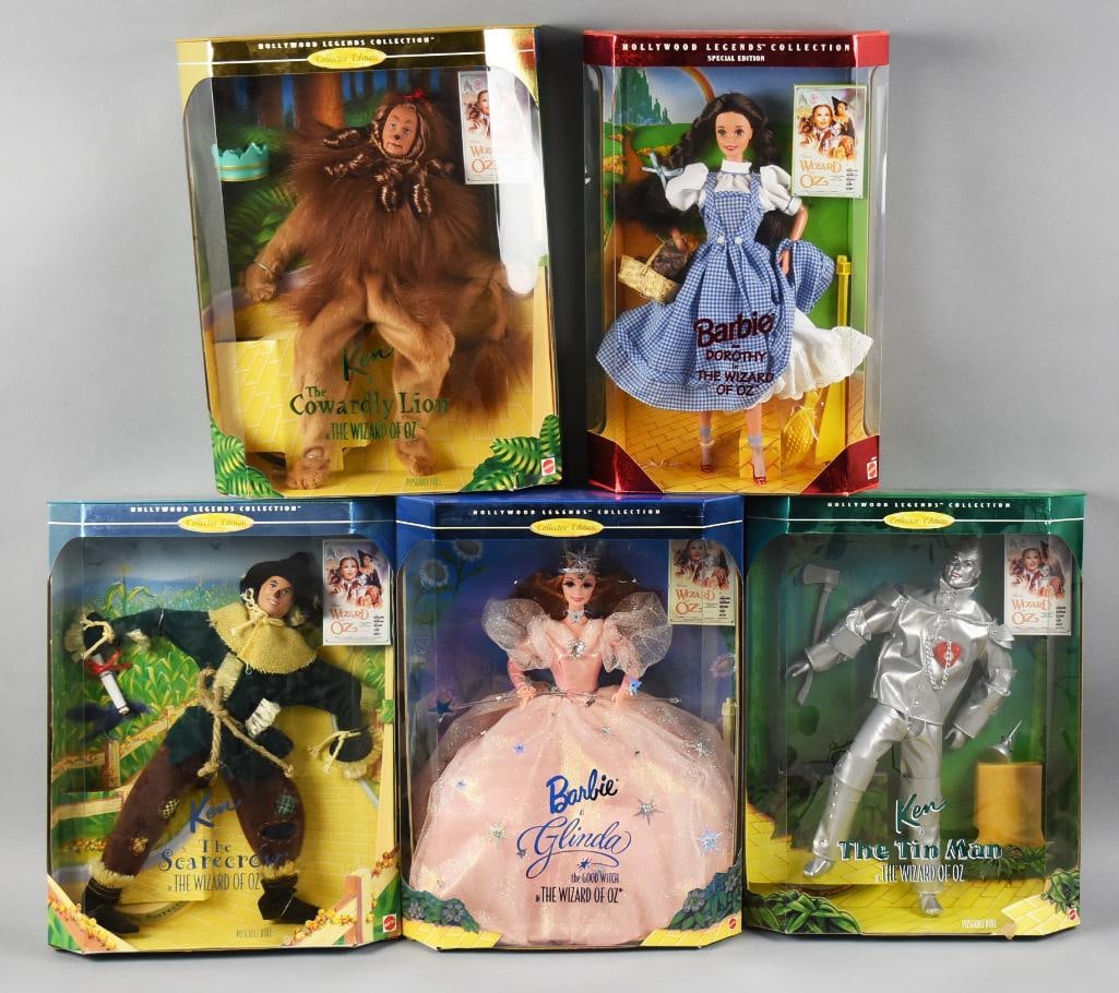 (5) 1990s Mattel Barbie Wizard of Oz NRFB NOS: Dolls include Barbie as Dorothy and Glinda, Ken as Scarecrow, Tin Man and Cowardly Lion.?