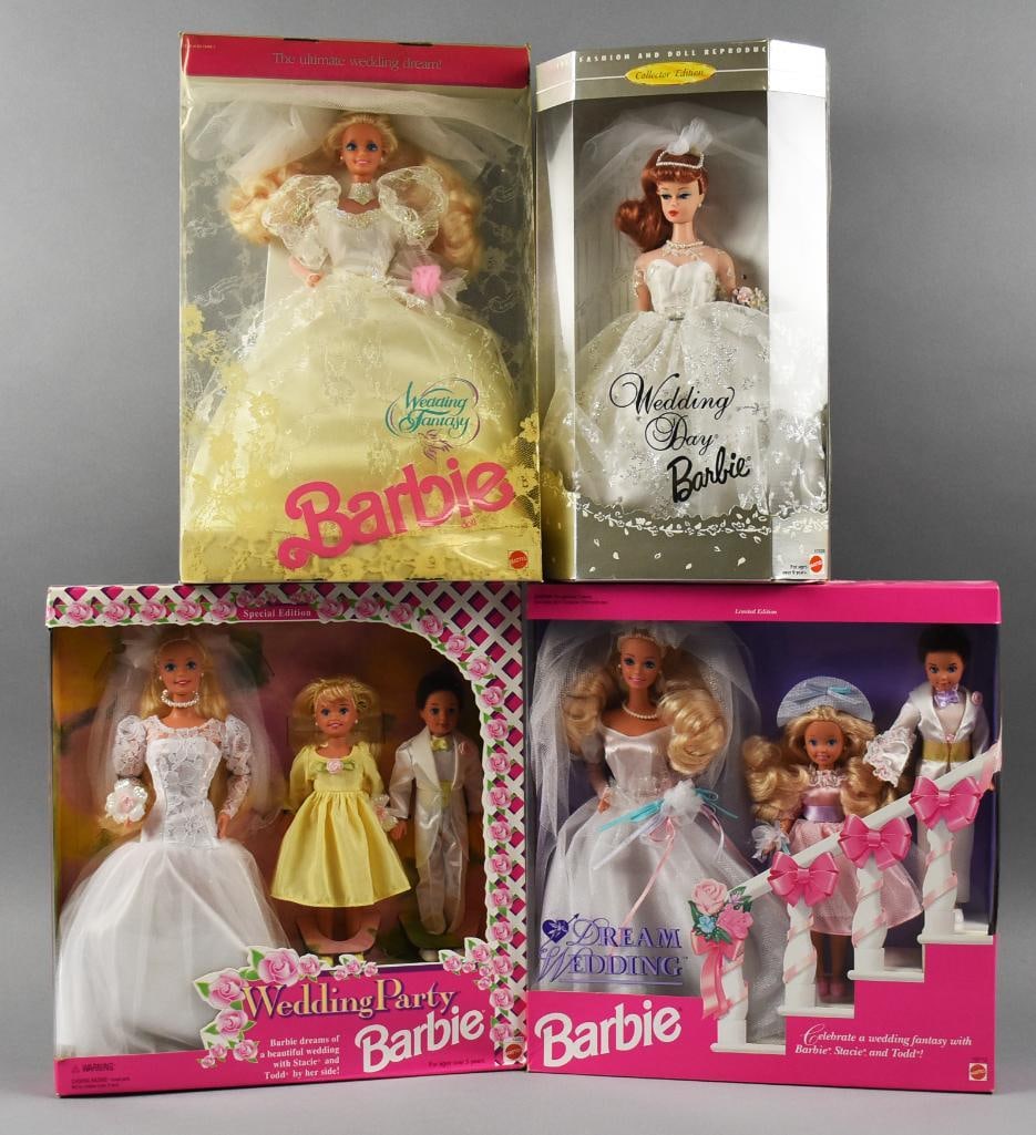(4) 1980s-1990s Mattel Barbie Wedding Assortment NRFB NOS: Fun assorted Mattel Barbies from the 1980s and 1990s. Includes Wedding Fantasy - 1989, Dream Wedding Gift Set - 1993, Wedding Party Gift Set - 1994, Wedding Day - 1996 reproduction of the 1960 Barbie,