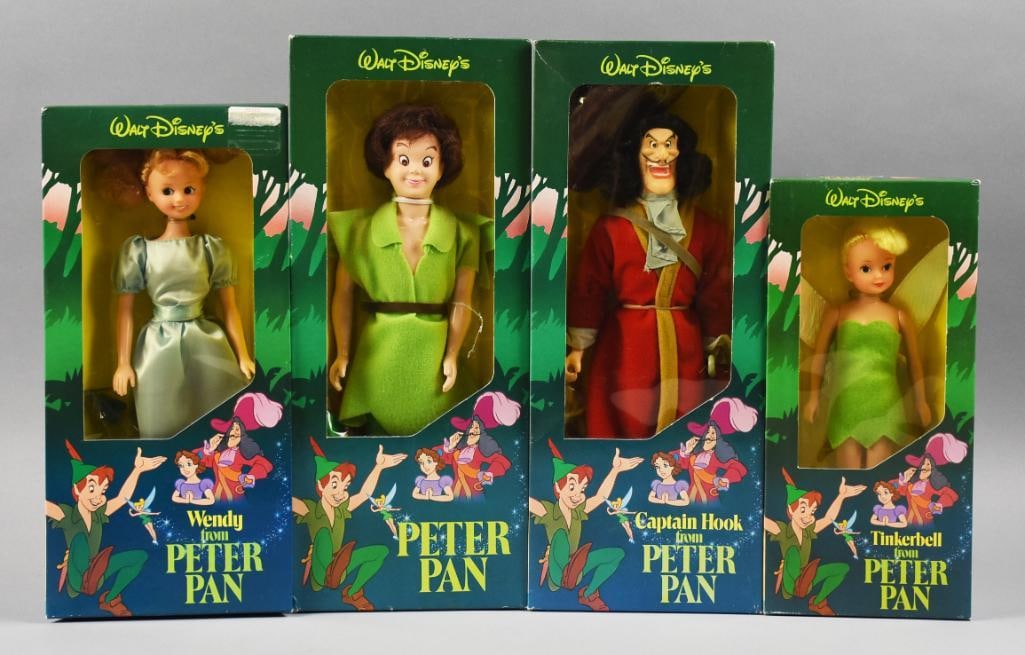 c1980 SCARCE Sears, Roebuck Peter Pan Dolls - Set NRFB NOS: This is a cool set of vintage Sears, Roebuck & Co. Peter Pan Dolls for Disney. Dolls are Peter Pan Captain Hook, Tinkerbell and Wendy. This is a hard to find complete set released in the 1970s and sol