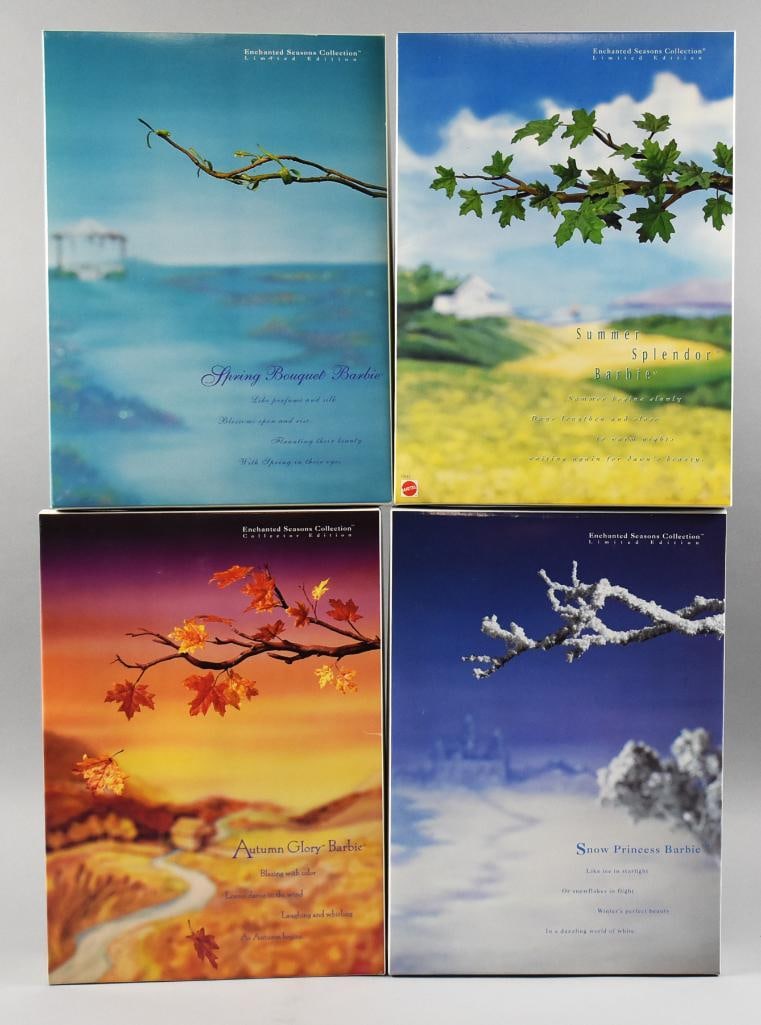 (4) 1994-96 Mattel Barbie Four Seasons NRFB NOS: Beautiful Mattel Barbies representing all four seasons. Seasons are Spring Bouquet - 1994, Summer Splendor - 1996, Autumn Glory - 1995 and Snow Princess - 1994.