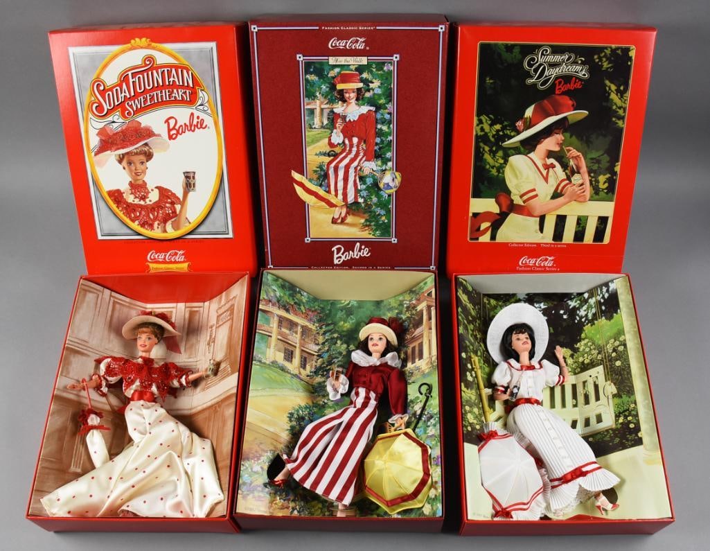 (3) 1990s Mattel Barbie Vintage Coca Cola Dolls NRFB NOS: These are three beautiful Barbies from Mattel. All from the 1990s in the style of early Coca Cola advertising girls. Includes Soda Fountain Sweetheart - 1996, After the Walk - 1997 and Summer Daydream