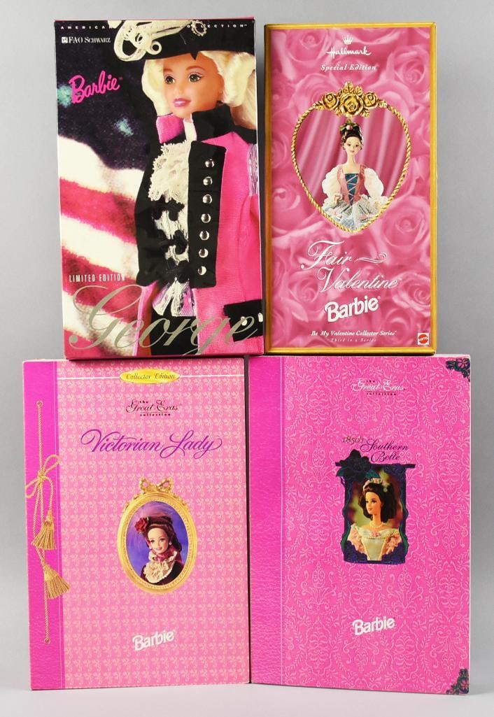 (4) 1990s Mattel Barbie Vintage Special Limited Editions NRFB: Includes George-1996, Fair Valentine-1997, Victorian Lady-1995 and 1850s Southern Belle-1994.