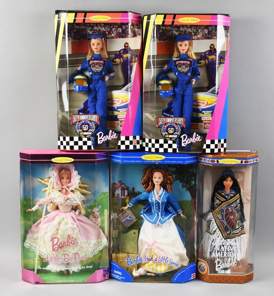 (5) 1990s Mattel Barbie Collector's Edition NRFB NOS: These dolls include Barbie Had a Little Lamb-1998, Northwest Coast Native American-1999, Little Bo Peep-1996 and two NASCAR 50th Anniversary-1998.