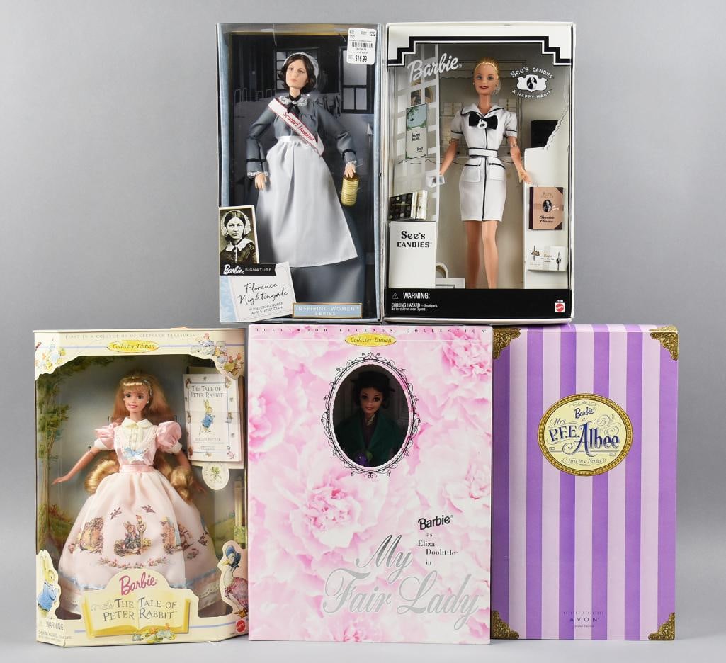 (5) 1990s-2000s Mattel Barbie Limited Edition Dolls NRFB NOS: Dolls include Florence Nightingale-2020, See's Candy-1999, PFE Albee-1997, The Tale of Peter Rabbit-1997 and My Fair Lady-1996.