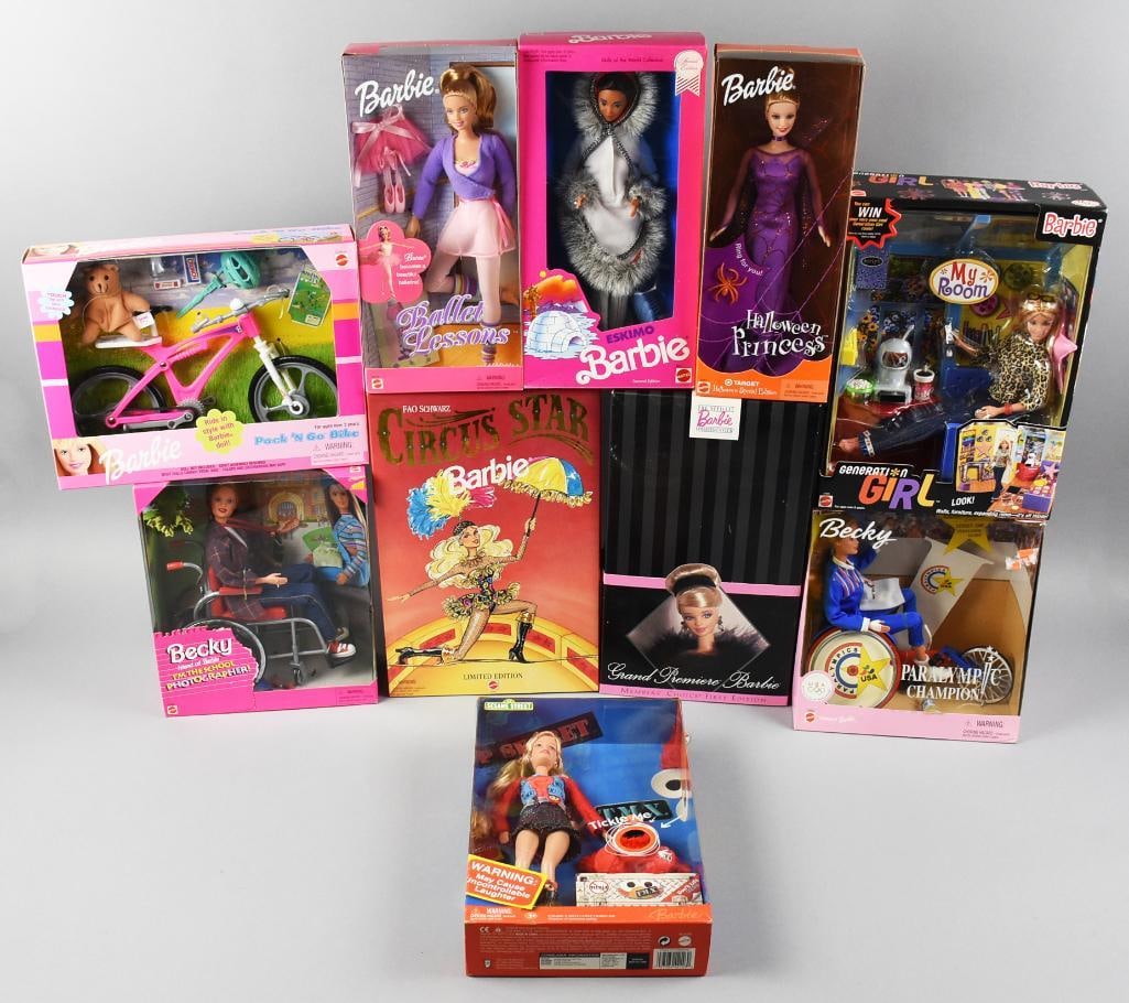 (10) Mattel Barbie & Becky Assortment NRFB NOS: These dolls include Ballet Lessons-1999, Eskimo-1990, Halloween Princess-2001, My Room-2000, Becky Paralympic Champion-1999, Grand Premier-1997, Circus Star-1994, Becky School Photographer-1998, Pack