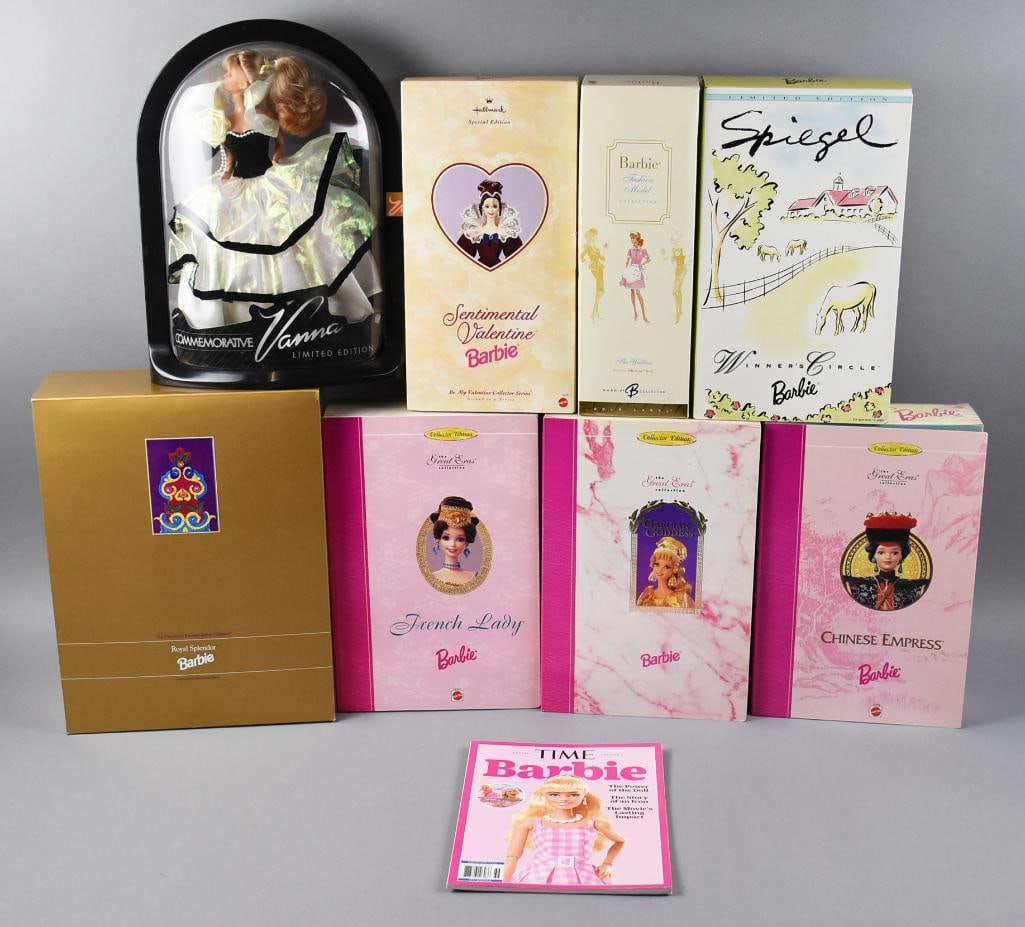 (8) 1990s-2000s Mattel Totsy Barbie PLUS Dolls NRFB NOS: Includes Sentimental Valentine-1996, Royal Splendor-1993, French Lady-1997, Chinese Empress-1996, Fashion Model The Waitress-2006, Grecian Goddess-1995 and Winner's Circle-1996. Also included is a Tot