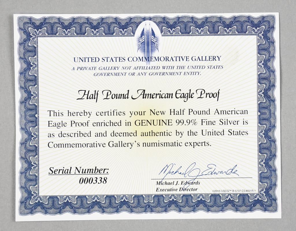 2015 Amer. Eagle Proof - Silver plate COA - 4