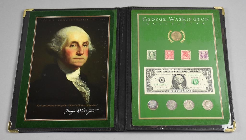 US Commemorative Gallery George Washington Collection: Lot is a US Commemorative Gallery George Washington Collection. Includes stamps, quarters and a 2013 $1 bill.