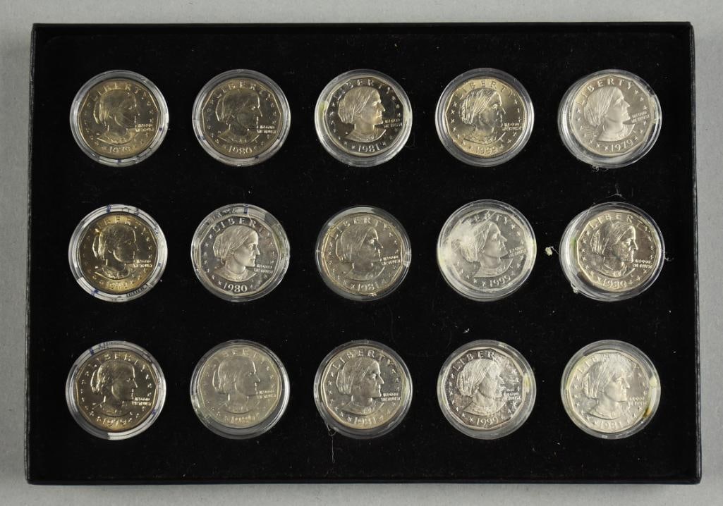 1979-81, 1999 Susan B. Anthony $1 Dollar Coins in Display. (1 of 4)