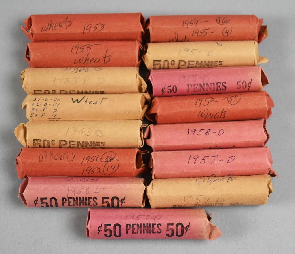 (15) 1950s Wheat Penny Rolls, Unchecked: You may find an incredible gem in one of these unchecked penny rolls. The rolls are all marked for 1950s and there are 15 rolls in total. They are dated 1951-1958.?