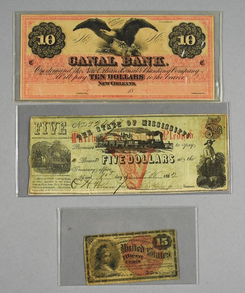 1860s Obsolete Confederacy US Currency, 15c, $5 & $10 Notes (1 of 5)