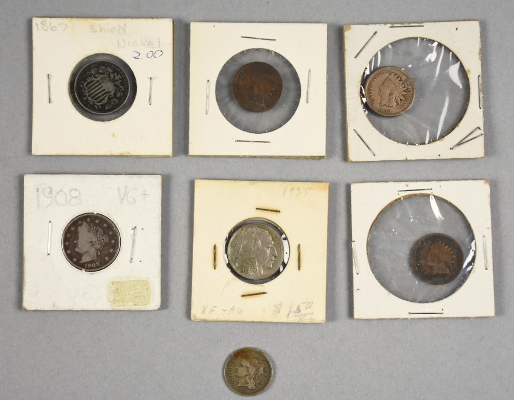(5) 1850s-1935 US Pennies, 3c Nickel and Nickels (1 of 6)