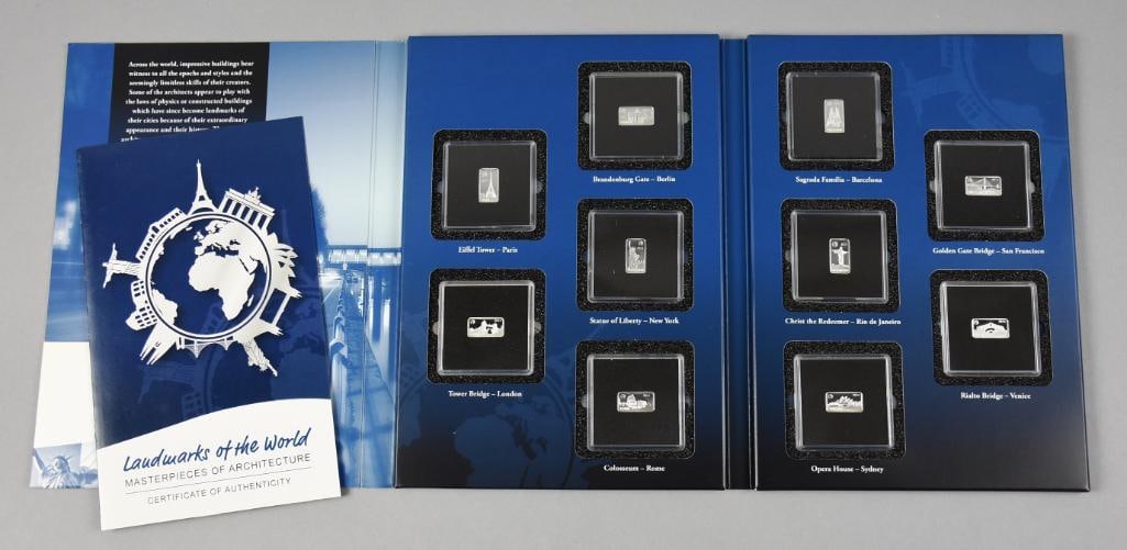 999 Silver Ingots Most Famous Landmarks of the World COA: Contents include Christ the Redeemer in Rio, Sagrada Familia, Statue of Liberty, Eiffel Tower, Brandenburg Gate, Colosseum, Tower Bridge, Opera House, Rialto Bridge, Golden Gate Bridge, each in an ind